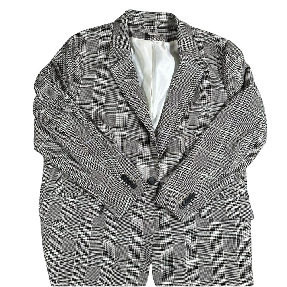 H&M Womens XXL Glen Plaid Single Button Blazer Black White Blue